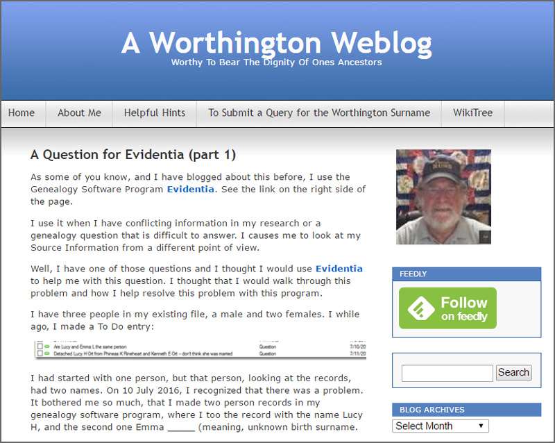 Screenshot of A Worthington Weblog showing a blog post titled A Question for Evidentia part 1 about using Evidentia to resolve conflicting genealogy information