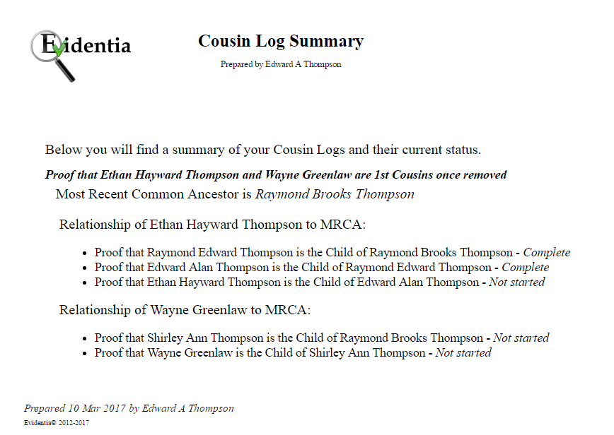 sample cousin research tracker summary report