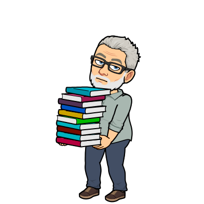 Cartoon of a person carrying a tall stack of books