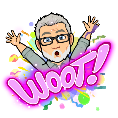 Cartoon bitmoji of a man with arms raised in celebration surrounded by confetti and the word WOOT! in pink letters