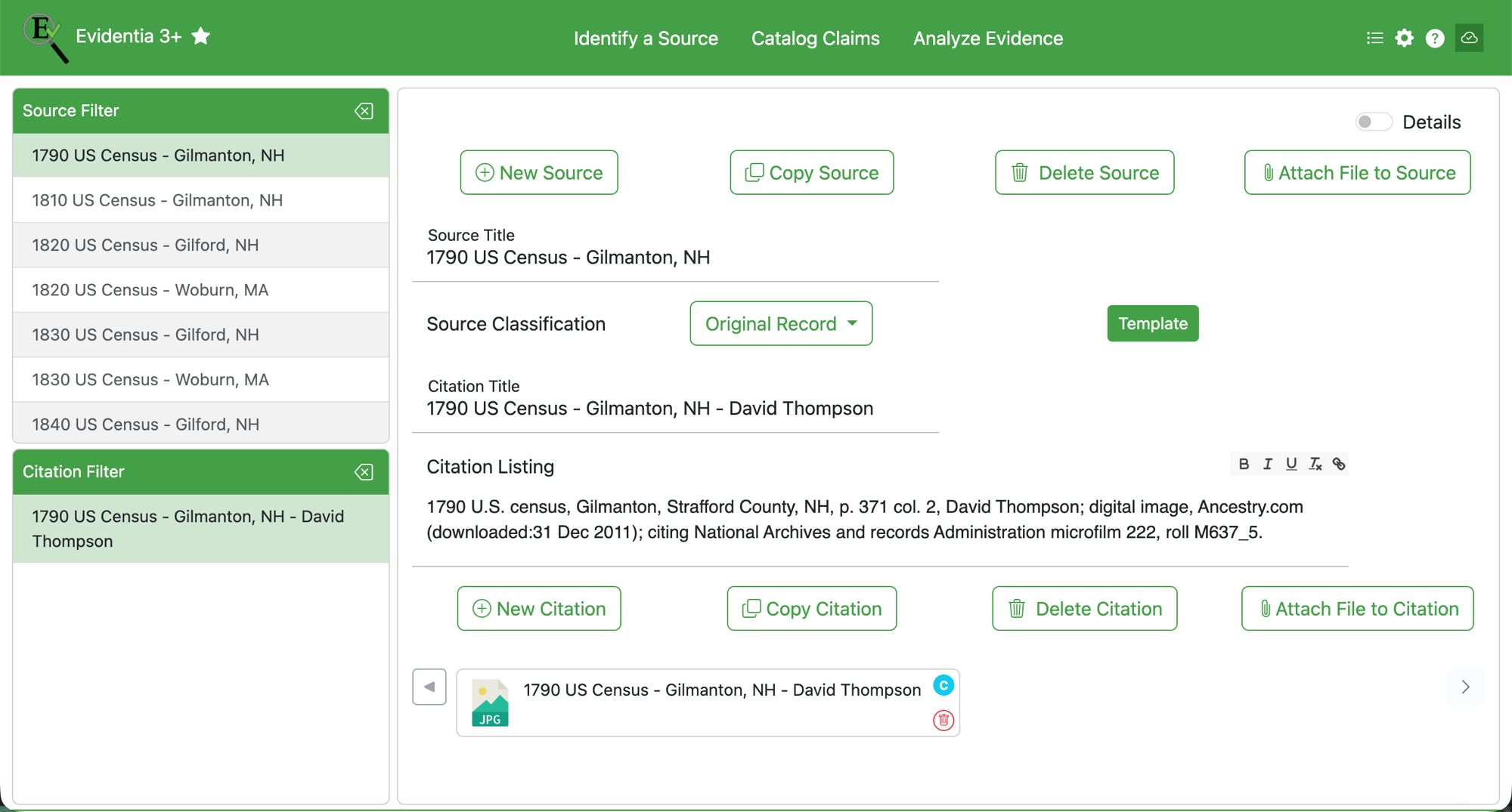 Evidentia 3+ main workspace showing the Identify a Source screen with source filter panel, citation listing for the 1790 US Census Gilmanton NH, and source classification fields