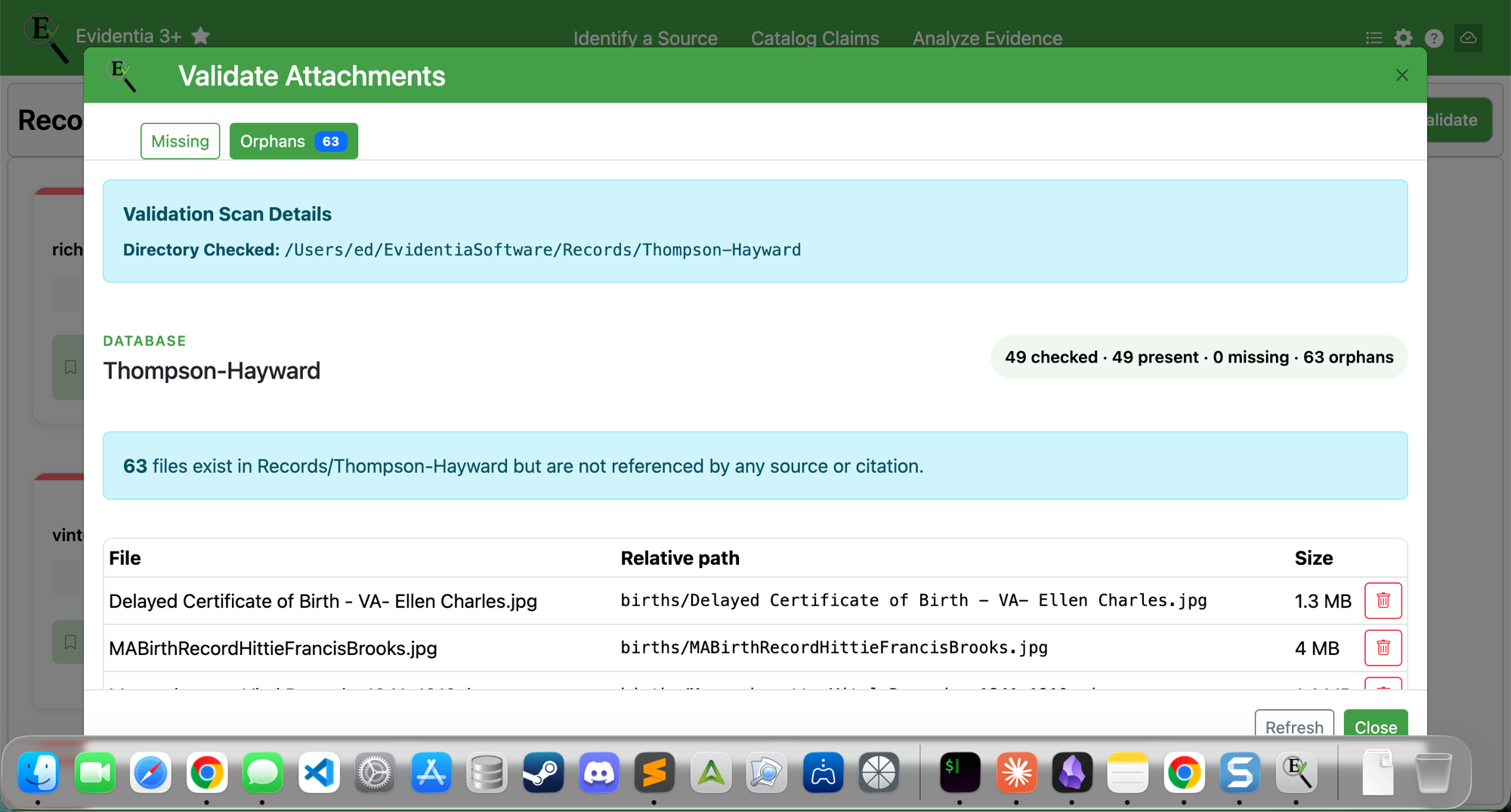 Validate Attachments dialog showing 63 orphaned files identified in the Thompson-Hayward database