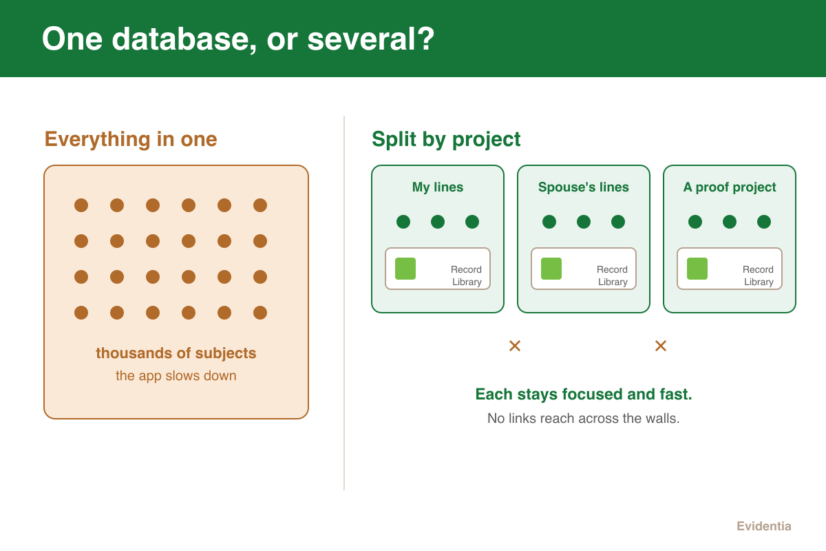 Multiple databases in Evidentia: one crowded database beside three focused databases, each with its own Record Library and no links between them.